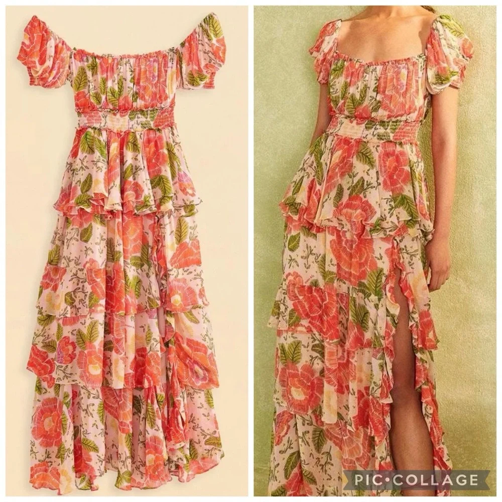Farm Rio Blooming Floral Maxi Dress XS Smocked Puff Sleeve NWT - Picture 10 of 16